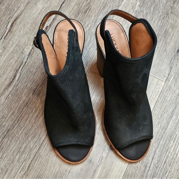 LUCKY BRAND Stacked Heel Sandal Black Leather Block High Heel Open Toe Boho 8M - Picture 2 of 10